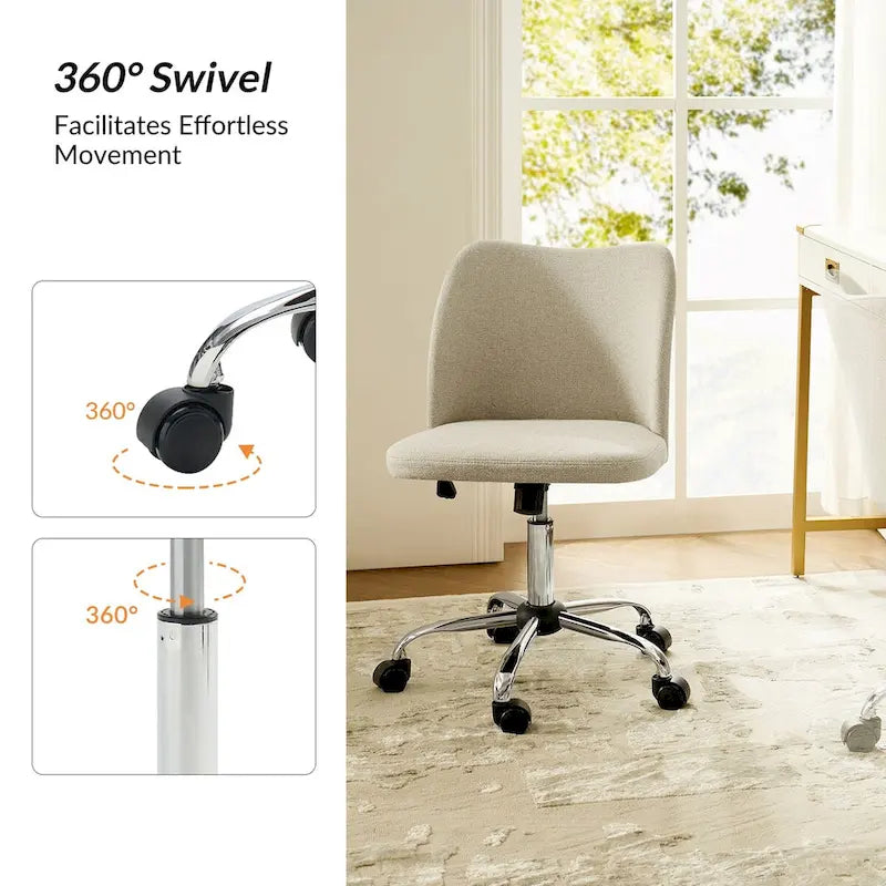 Fauteuil de bureau rembourré sans accoudoirs, avec hauteur réglable et roulettes.