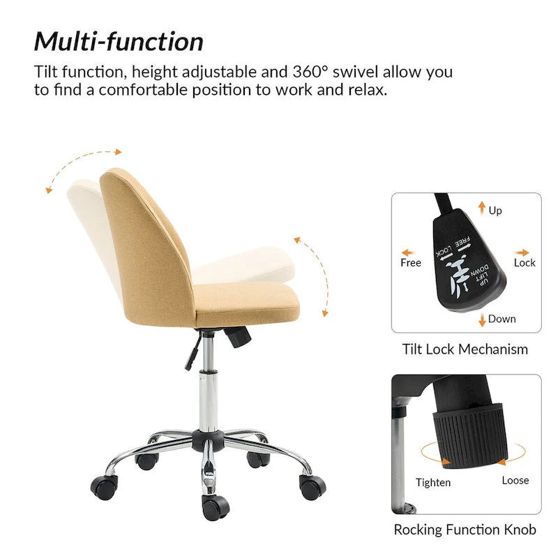 Fauteuil de bureau rembourré sans accoudoirs, avec hauteur réglable et roulettes.