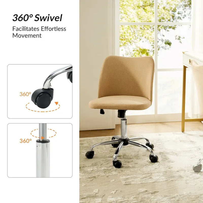 Fauteuil de bureau rembourré sans accoudoirs, avec hauteur réglable et roulettes.