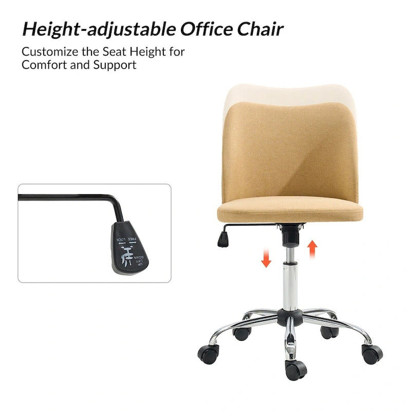 Fauteuil de bureau rembourré sans accoudoirs, avec hauteur réglable et roulettes.