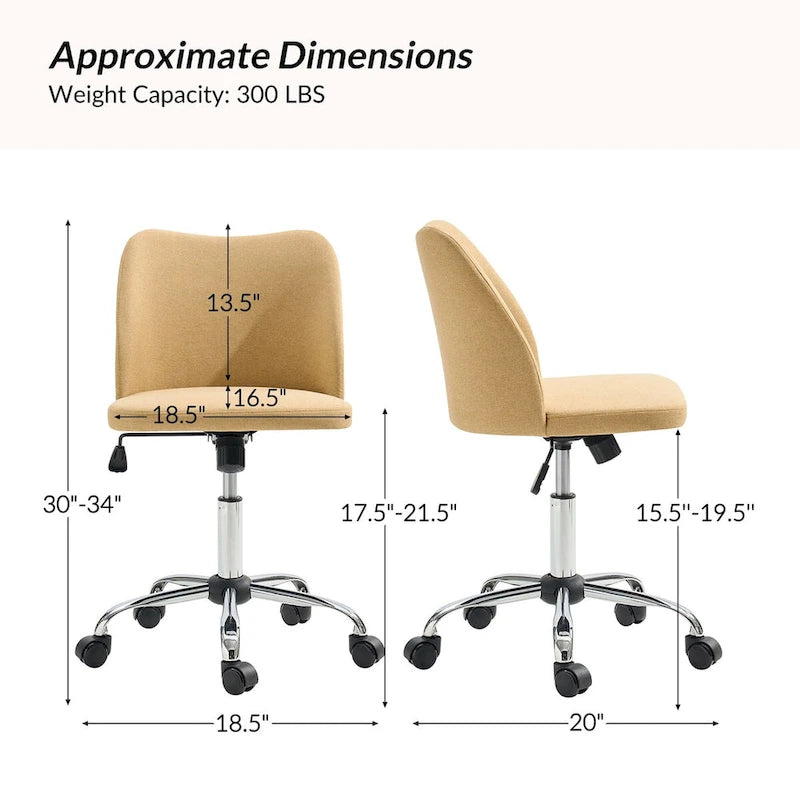 Fauteuil de bureau rembourré sans accoudoirs, avec hauteur réglable et roulettes.