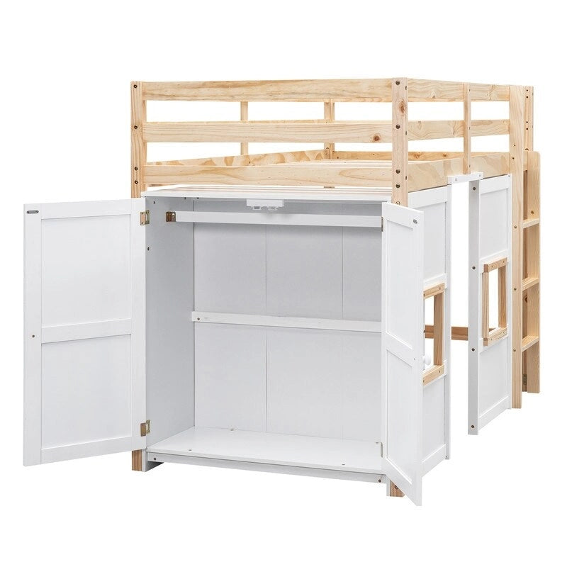 Lit mezzanine jumeau avec armoire de rangement et fenêtres de cabane Blanc naturel