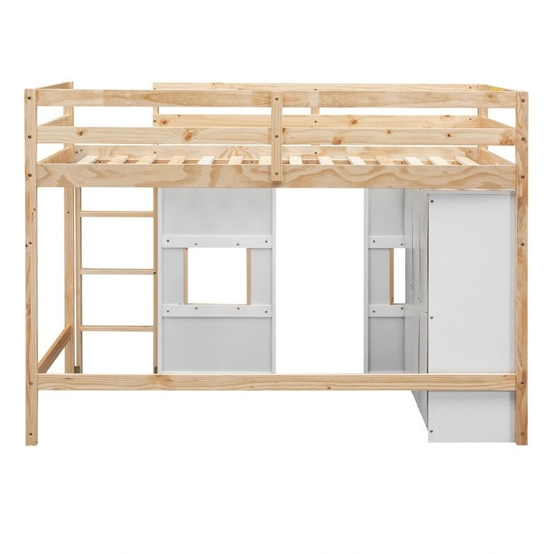 Twin Loft Bed with Storage Wardrobe and Playhouse Windows Natural White