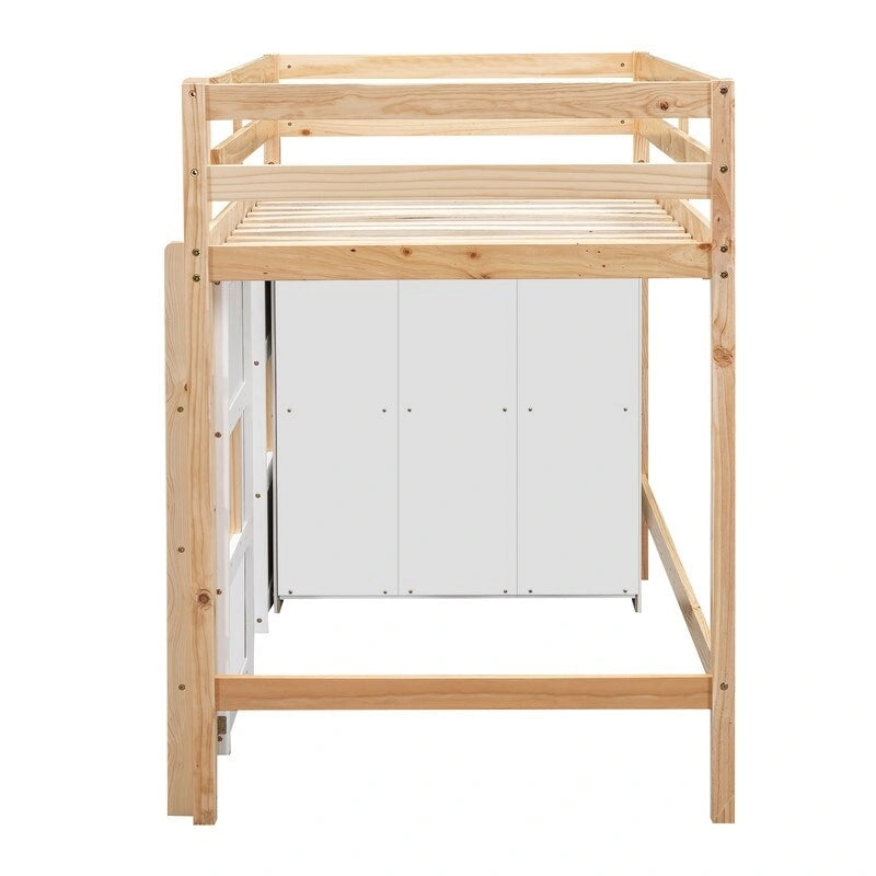 Twin Loft Bed with Storage Wardrobe and Playhouse Windows Natural White
