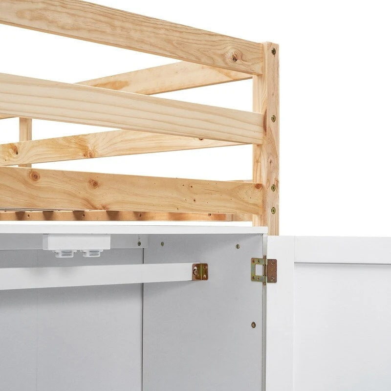 Twin Loft Bed with Storage Wardrobe and Playhouse Windows Natural White