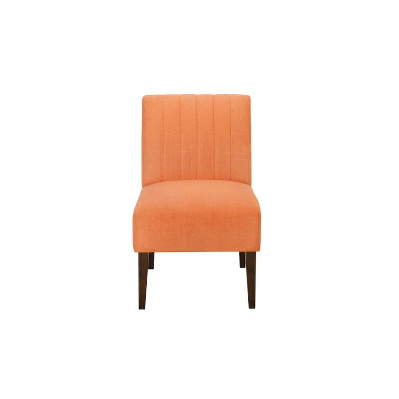 Fauteuil d'appoint sans accoudoirs en tissu orange avec dossier capitonné et pieds en bois marron