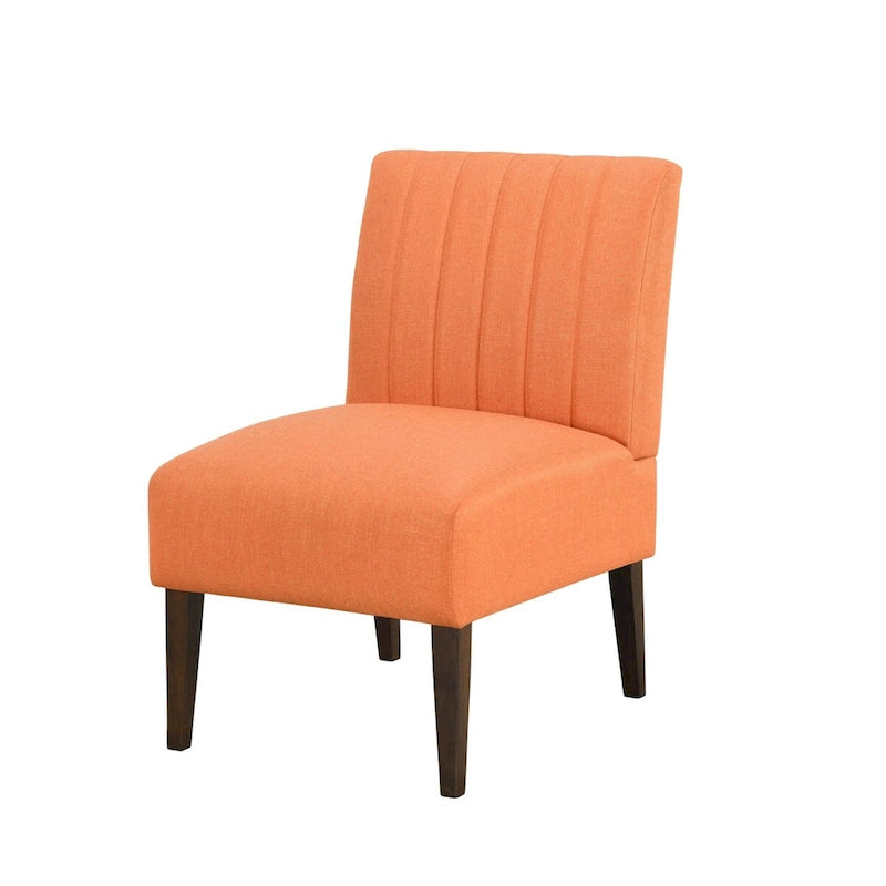 Fauteuil d'appoint sans accoudoirs en tissu orange avec dossier capitonné et pieds en bois marron