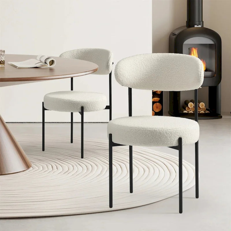 Upholstered Round Dining Chair Boucle Fabric Curved Backrest Black Metal Legs