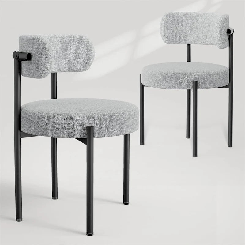 Upholstered Round Dining Chair Boucle Fabric Curved Backrest Black Metal Legs