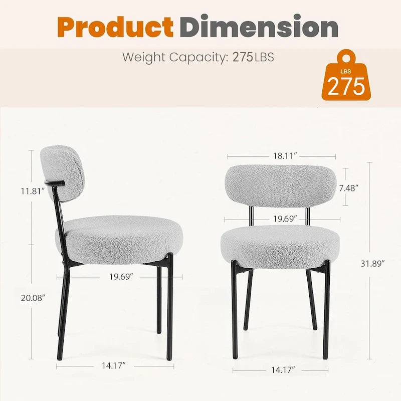 Upholstered Round Dining Chair Boucle Fabric Curved Backrest Black Metal Legs