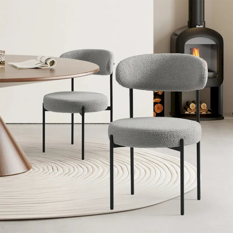 Upholstered Round Dining Chair Boucle Fabric Curved Backrest Black Metal Legs