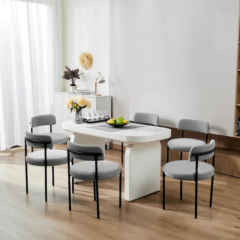 Upholstered Round Dining Chair Boucle Fabric Curved Backrest Black Metal Legs