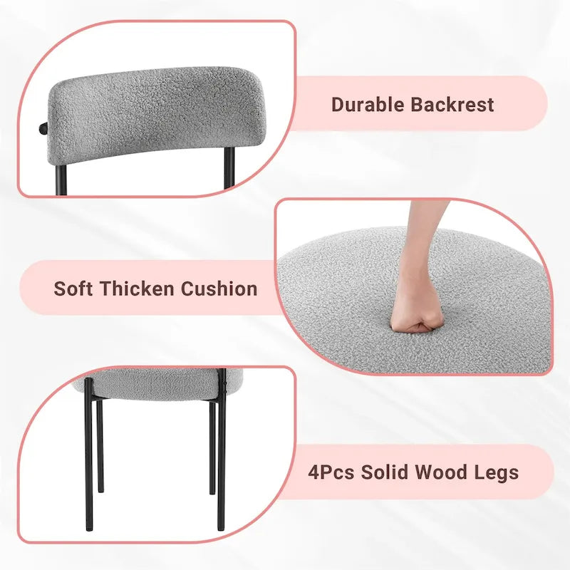 Upholstered Round Dining Chair Boucle Fabric Curved Backrest Black Metal Legs