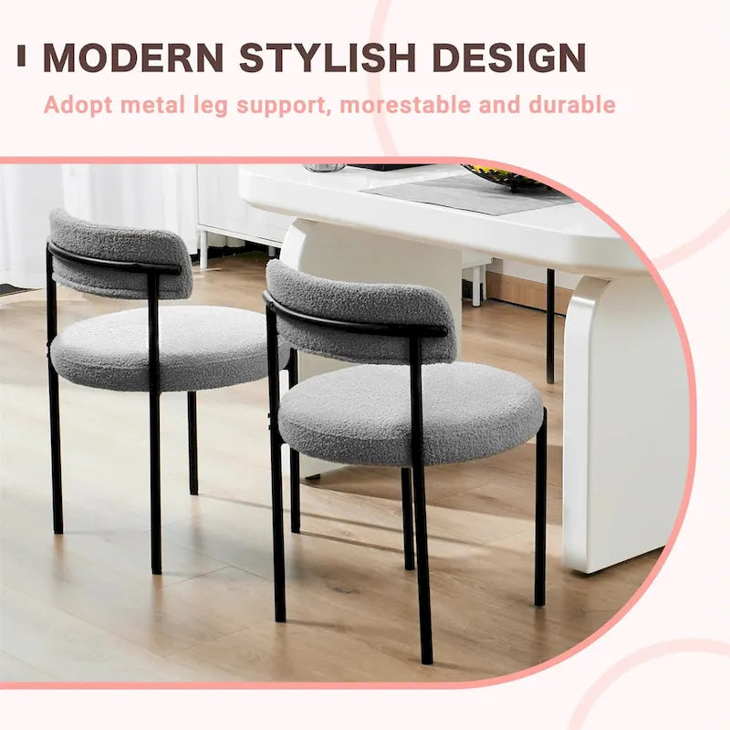 Upholstered Round Dining Chair Boucle Fabric Curved Backrest Black Metal Legs