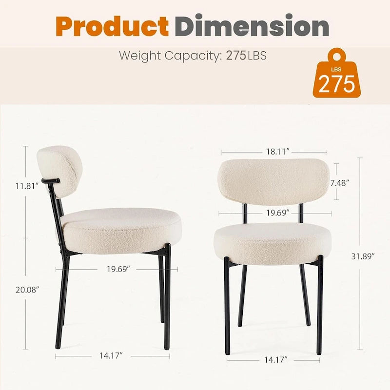 Upholstered Round Dining Chair Boucle Fabric Curved Backrest Black Metal Legs