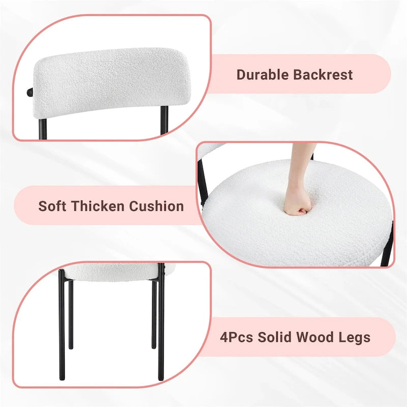 Upholstered Round Dining Chair Boucle Fabric Curved Backrest Black Metal Legs