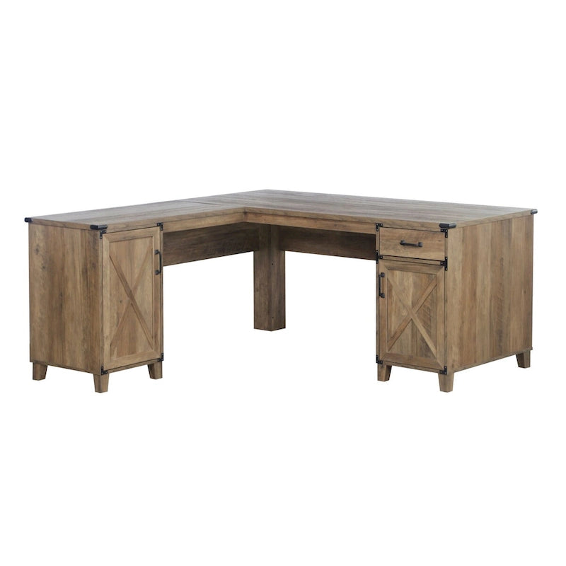 Bureau d'angle en chêne rustique avec placards de rangement et tiroir