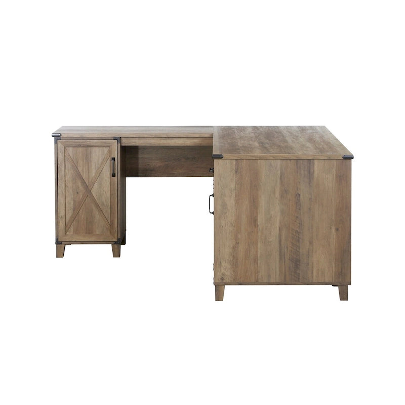 Bureau d'angle en chêne rustique avec placards de rangement et tiroir