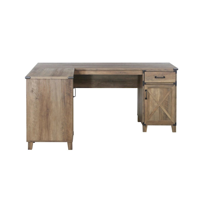 Bureau d'angle en chêne rustique avec placards de rangement et tiroir