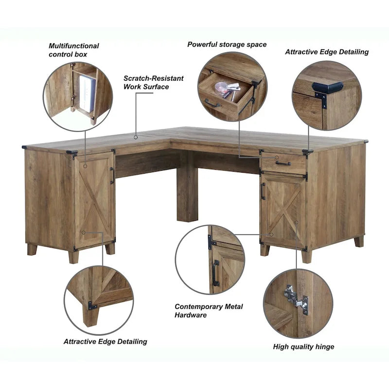 Bureau d'angle en chêne rustique avec placards de rangement et tiroir