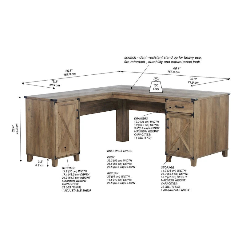 Bureau d'angle en chêne rustique avec placards de rangement et tiroir