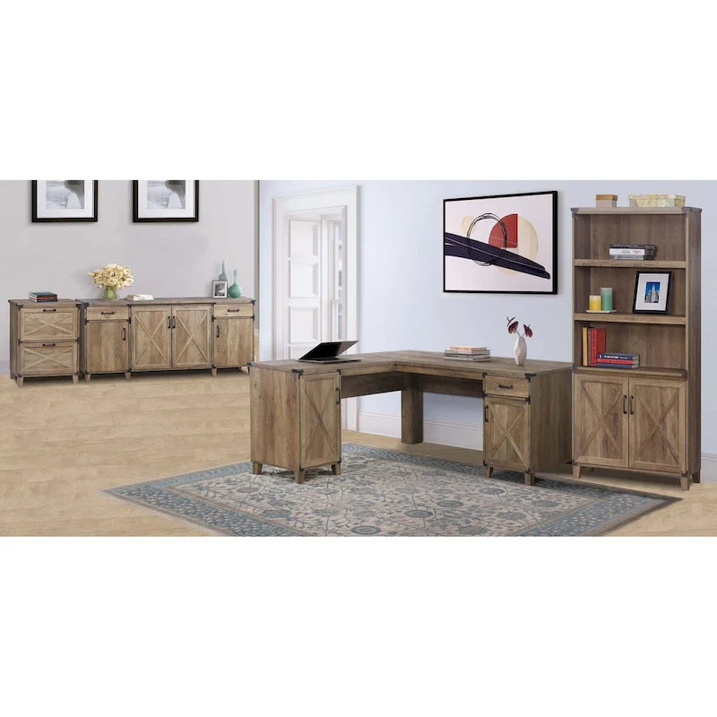 Bureau d'angle en chêne rustique avec placards de rangement et tiroir