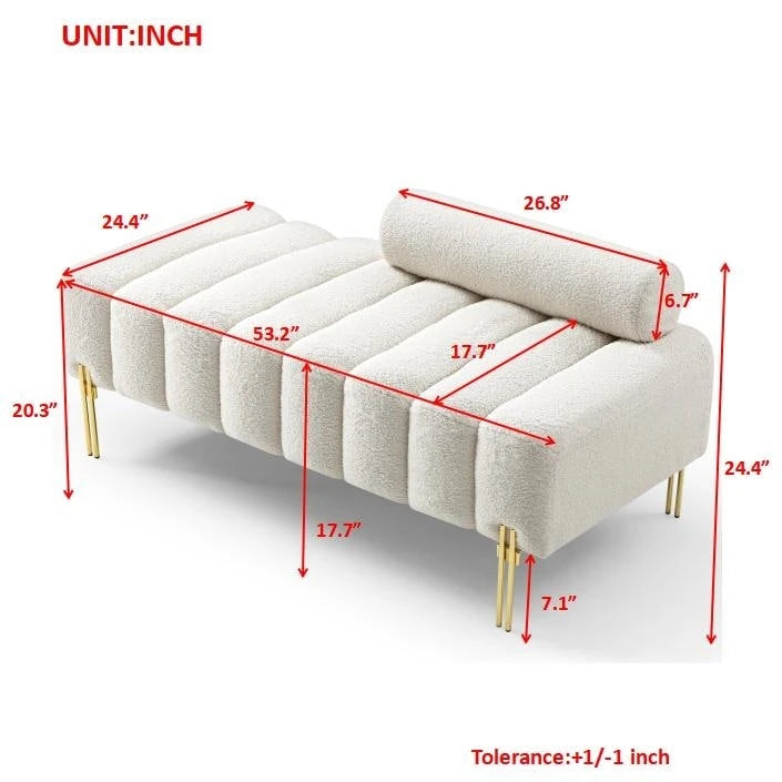 Fluffy Sherpa Faux Fur Upholstered Bench with Golden Metal Legs, Rose/Beige