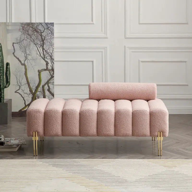 Fluffy Sherpa Faux Fur Upholstered Bench with Golden Metal Legs, Rose/Beige