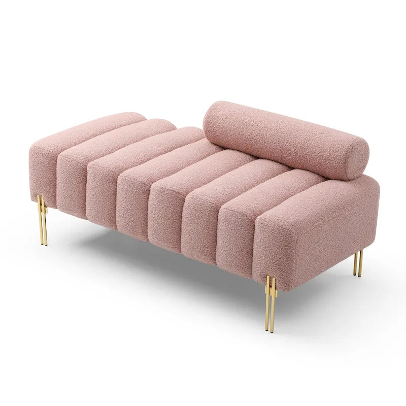 Fluffy Sherpa Faux Fur Upholstered Bench with Golden Metal Legs, Rose/Beige