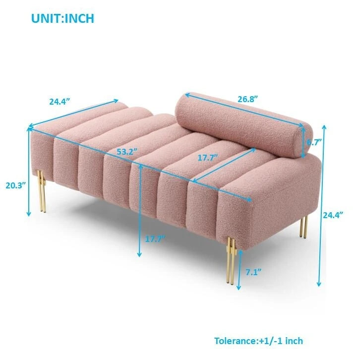 Fluffy Sherpa Faux Fur Upholstered Bench with Golden Metal Legs, Rose/Beige