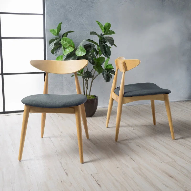 Chaise de salle à manger moderne du milieu du siècle avec siège rembourré, bois naturel et tissu gris