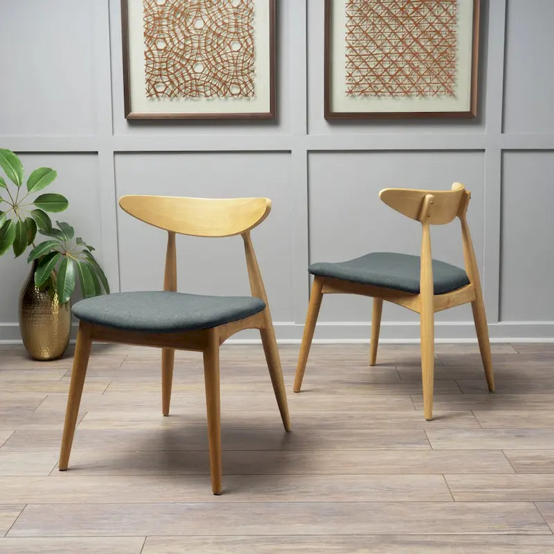 Chaise de salle à manger moderne du milieu du siècle avec siège rembourré, bois naturel et tissu gris