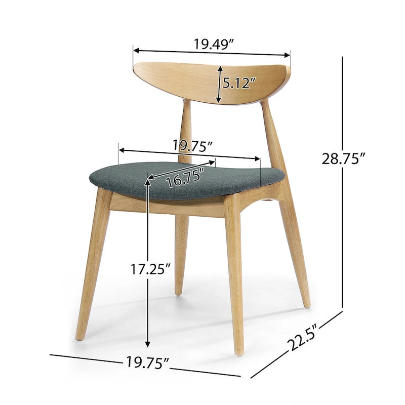 Chaise de salle à manger moderne du milieu du siècle avec siège rembourré, bois naturel et tissu gris