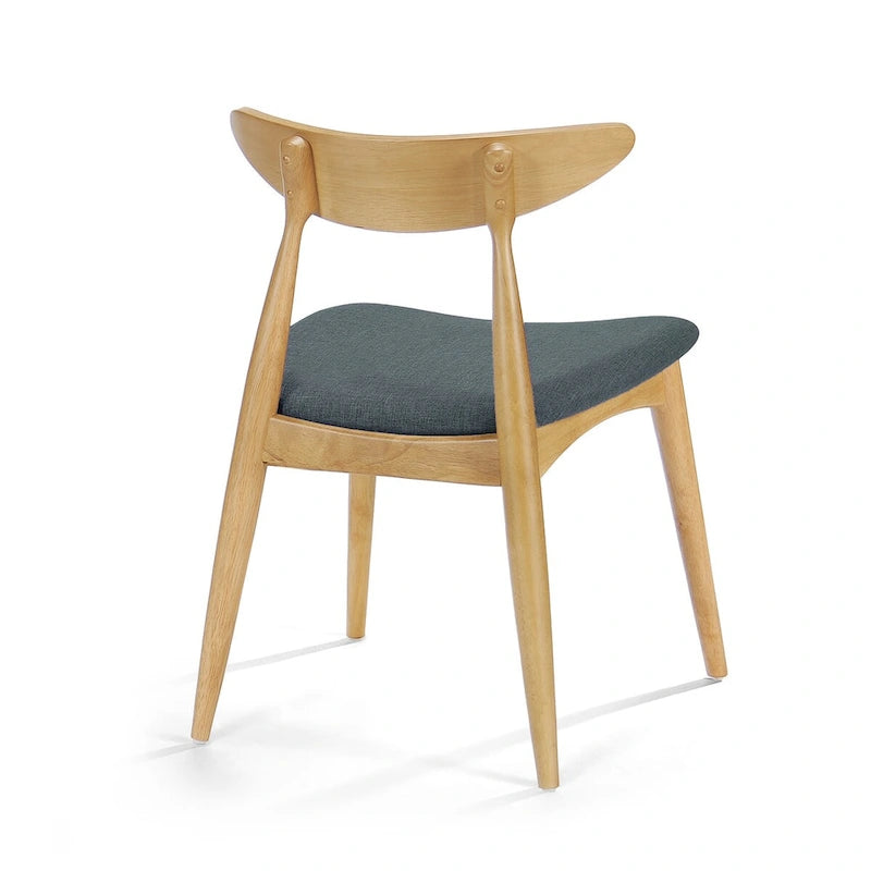 Chaise de salle à manger moderne du milieu du siècle avec siège rembourré, bois naturel et tissu gris