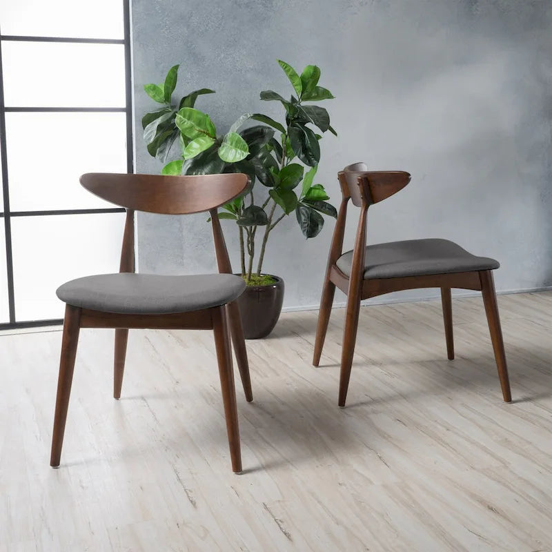 Chaise de salle à manger moderne du milieu du siècle avec siège rembourré, bois naturel et tissu gris