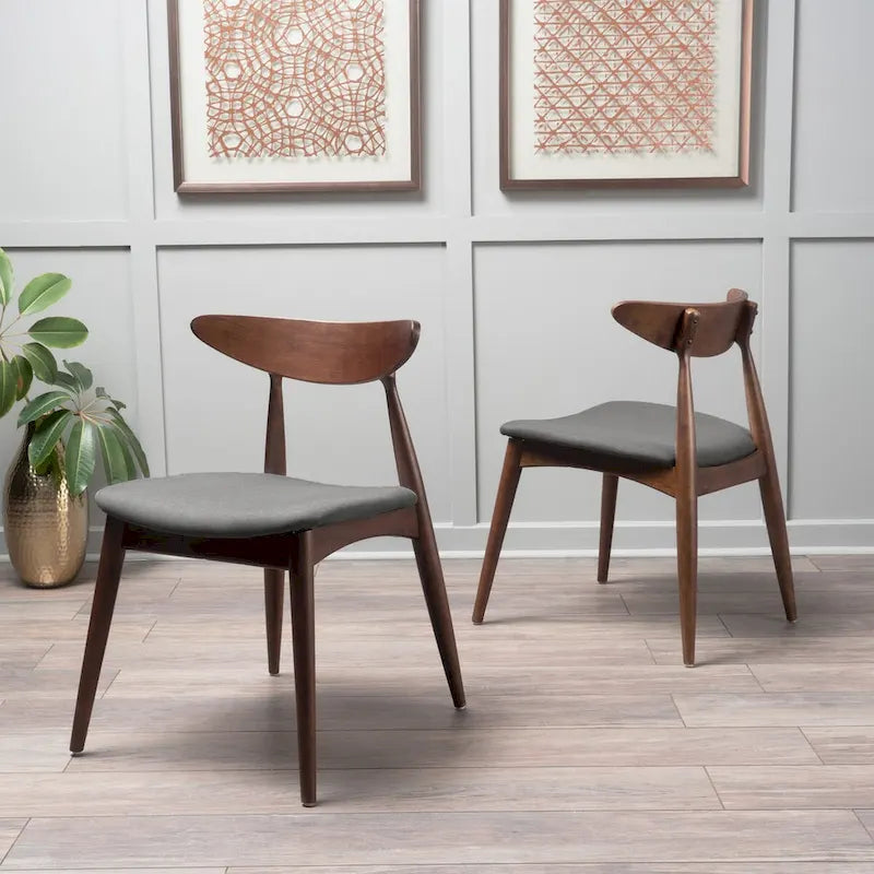Chaise de salle à manger moderne du milieu du siècle avec siège rembourré, bois naturel et tissu gris