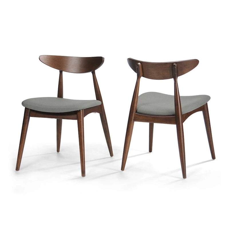 Chaise de salle à manger moderne du milieu du siècle avec siège rembourré, bois naturel et tissu gris