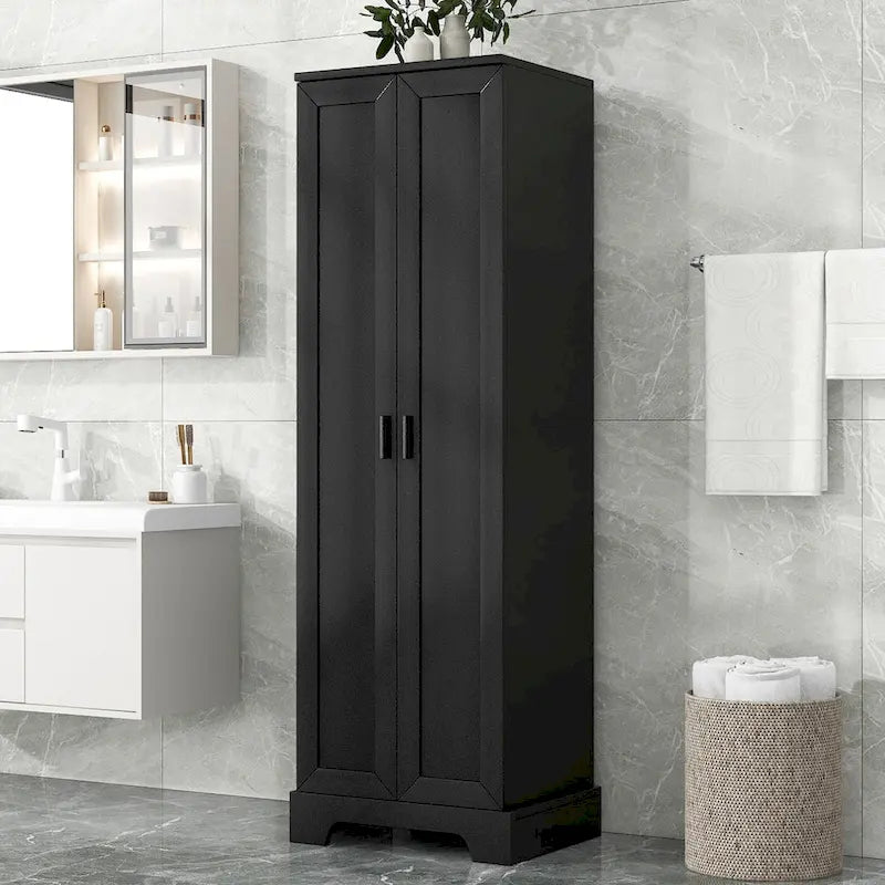 Tall Black MDF Double Door Storage Cabinet with Adjustable Shelves