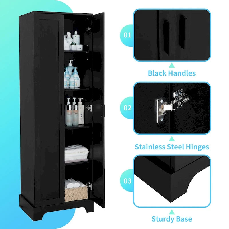 Tall Black MDF Double Door Storage Cabinet with Adjustable Shelves