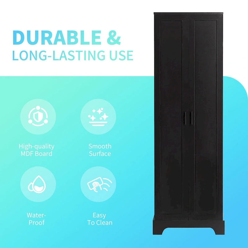 Tall Black MDF Double Door Storage Cabinet with Adjustable Shelves