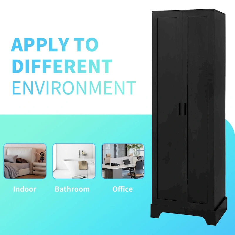 Tall Black MDF Double Door Storage Cabinet with Adjustable Shelves