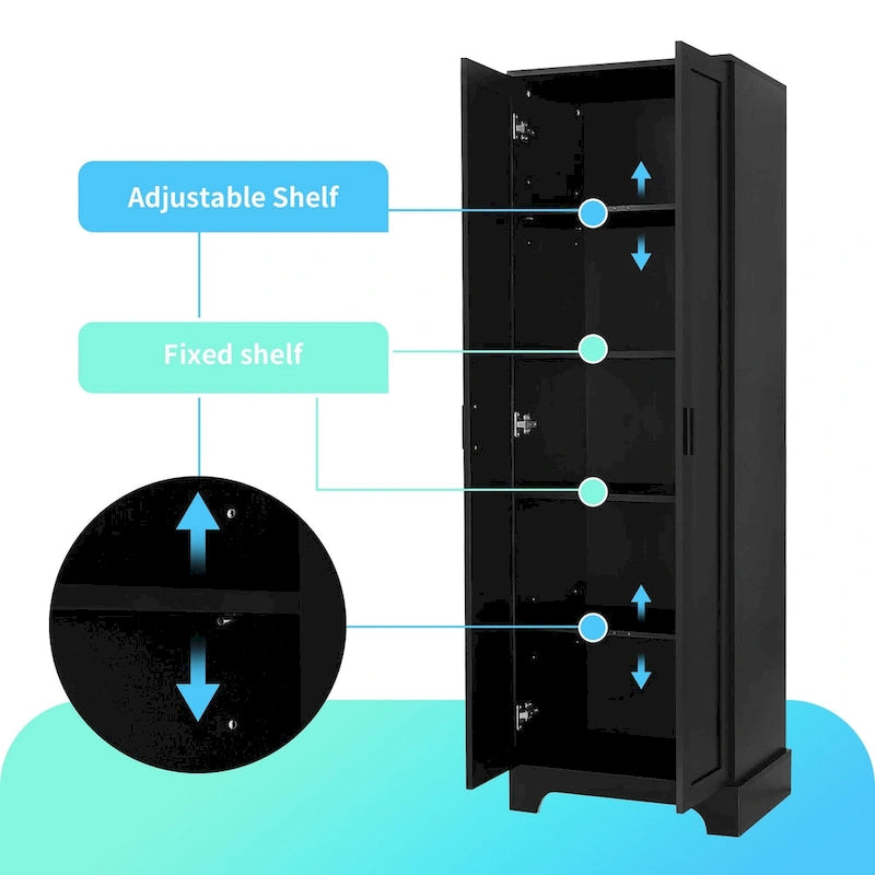 Tall Black MDF Double Door Storage Cabinet with Adjustable Shelves